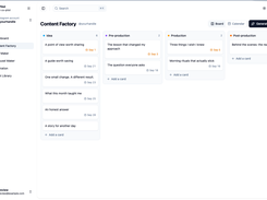HandlePilot's Content Factory board shows content cards organized into Idea, Pre-production, Production, and Post-production columns, with navigation for Dashboard, Reel Maker, Carousel Maker, Inspiration, and Asset Library.