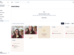 HandlePilot's Asset Library page displays an upload area, search field, media filters, and a grid of image and video assets.