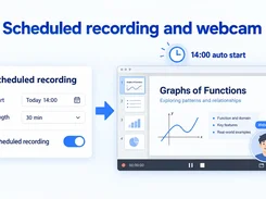 Scheduled recording controls and a recording preview with webcam overlay.