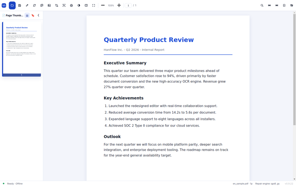 HanFlow PDF desktop viewer displaying a quarterly product review with page thumbnails and toolbar controls.