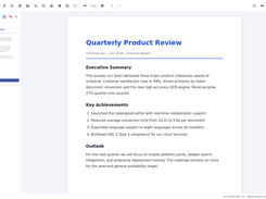 HanFlow PDF desktop viewer displaying a quarterly product review with page thumbnails and toolbar controls.