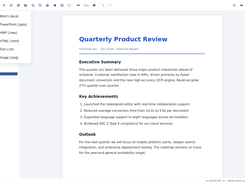 HanFlow PDF desktop viewer with the Convert menu listing Word, PowerPoint, HWP, HTML, text, and image export options.