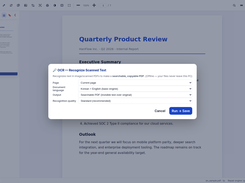 HanFlow PDF OCR dialog with page, document language, output, and recognition-quality settings.
