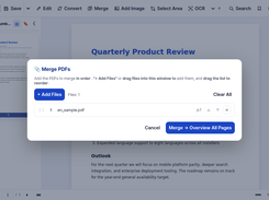 HanFlow PDF Merge PDFs dialog with an added PDF file and merge action button.