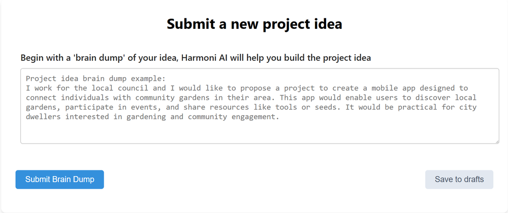 Harmoni interface for submitting a new project idea, with a large brain-dump text field and buttons to submit the entry or save it as a draft.