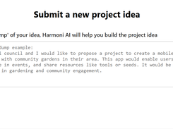 Harmoni interface for submitting a new project idea, with a large brain-dump text field and buttons to submit the entry or save it as a draft.