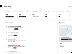HaulageOps overview dashboard showing client, job, invoice, driver, fleet, and revenue metrics alongside recent activity and a live fleet map.