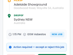 HaulageOps mobile Jobs screen showing an urgent new job with pickup and drop-off locations, job details, and Reject, Accept, and map-preview controls.