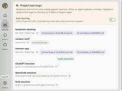 Headroom Project learnings page with auto-learning controls and coding-agent session sources.