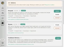 Headroom Addons page showing enabled Ponymail and Serena tools and an installable Codebase Memory addon.