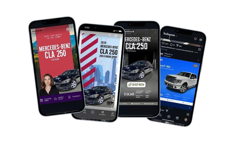 Four phone mockups display vehicle-focused social-media story and feed advertisements, including Mercedes-Benz CLA 250 and Ford F-150 promotions.