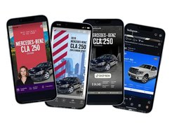 Four phone mockups display vehicle-focused social-media story and feed advertisements, including Mercedes-Benz CLA 250 and Ford F-150 promotions.