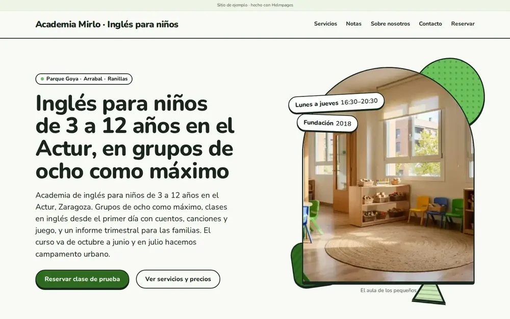 Spanish Helmpages example webpage for Academia Mirlo children’s English classes, with enrollment text and a classroom photo in a graphic frame.