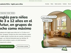 Spanish Helmpages example webpage for Academia Mirlo children’s English classes, with enrollment text and a classroom photo in a graphic frame.