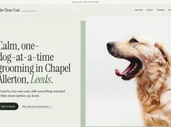 Helmpages example webpage for The Clean Coat dog grooming, with a large golden retriever photo and booking links.