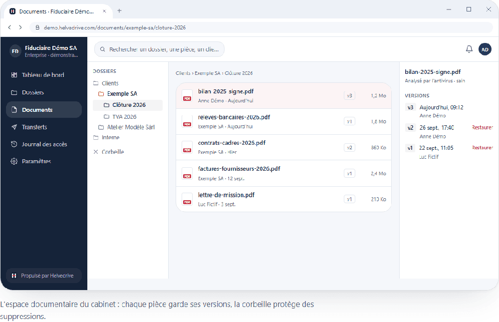 Helvedrive document-management screen showing a client folder tree, a list of PDF files with version labels and sizes, and a version-history panel.