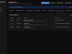 Recommendations screen listing database design, performance, and security findings with suggested remediation actions.