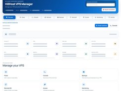 HillHost VPS Manager overview dashboard with navigation for power, console, network, backups, reinstall, access, monitoring, and activity, plus VPS resource cards and management tools.