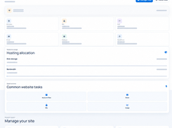 HillHost HostTools hosting dashboard showing website navigation, cPanel and webmail login options, site resource allocation, common tasks, and website management tools.