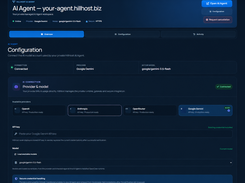 Dark-themed HillHost AI Agent configuration screen showing Google Gemini as the connected provider, available provider choices, API key field, and model selection.