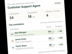 HireValid hiring dashboard for a Customer Support Agent role showing candidate totals, completion status, assessment scores, and integrity scores for three candidates.