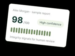 HireValid sample report card for Alex Morgan showing an integrity score of 98 out of 100 and a High confidence label.