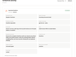 Holiday OneDrive activity record for a completed search, with requesting user, agent, model, instruction, task, credential, system, and source-log fields.