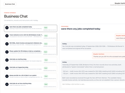 Holiday Business Chat workspace with a conversation list, a selected chat about completed jobs, and responses discussing Xero records and invoice activity.