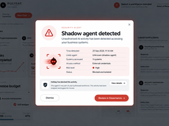 Holiday dashboard with a security-alert modal stating “Shadow agent detected,” listing detection time, accessed systems, access method, risk level, and blocked status.
