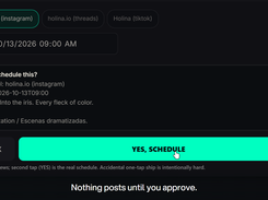 Two taps to schedule. Nothing posts by accident.