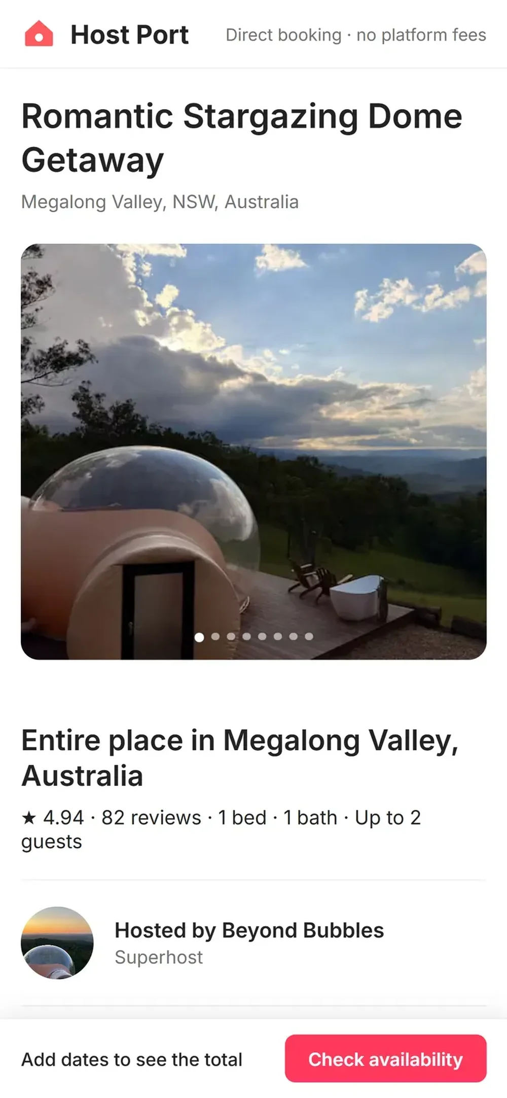 Mobile Host Port booking page for Romantic Stargazing Dome Getaway in Megalong Valley, with a property image, rating, accommodation details, host label, and Check availability button.