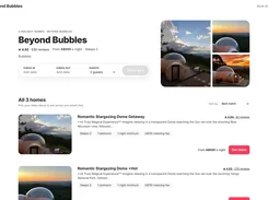 Desktop booking webpage for Beyond Bubbles showing holiday-home search fields, dome property photos, listings, ratings, prices, and date-selection buttons.