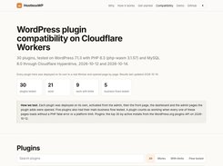 HostlessWP compatibility page showing WordPress plugin test statistics, a testing-method note, and plugin search and filter controls.