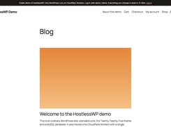 HostlessWP Demo WordPress blog page with navigation links, a large orange gradient header image, and a “Welcome to the HostlessWP demo” article heading.