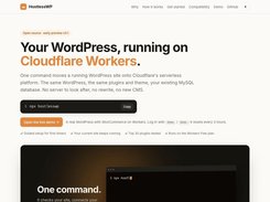 HostlessWP landing page showing the headline “Your WordPress, running on Cloudflare Workers,” an npx hostlesswp command panel, a live-demo button, and part of a command-line illustration.