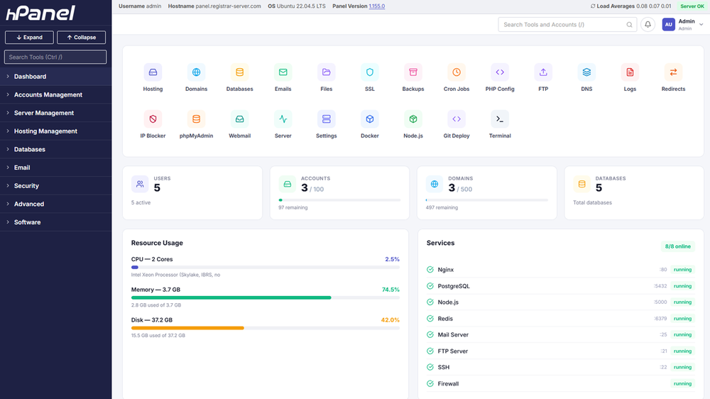 HPanel dashboard showing tool shortcuts, account and domain totals, resource-usage bars, and service status.