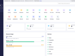 HPanel dashboard showing tool shortcuts, account and domain totals, resource-usage bars, and service status.