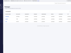 HPanel Packages page listing three hosting packages and their disk, bandwidth, domain, email, database, and FTP limits.