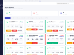 HPanel Server Services page with cards for web, database, mail, DNS, SSH, cache, and FTP services and their running states.