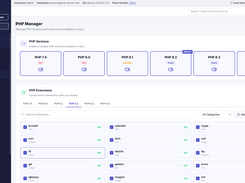 HPanel PHP Manager page showing selectable PHP versions and a searchable list of enabled PHP extensions.