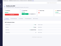 HPanel ModSecurity WAF overview showing active WAF status, blocking mode, OWASP CRS installation, and configuration details.