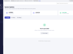 HPanel System Updates page showing version and build information and an up-to-date status message.