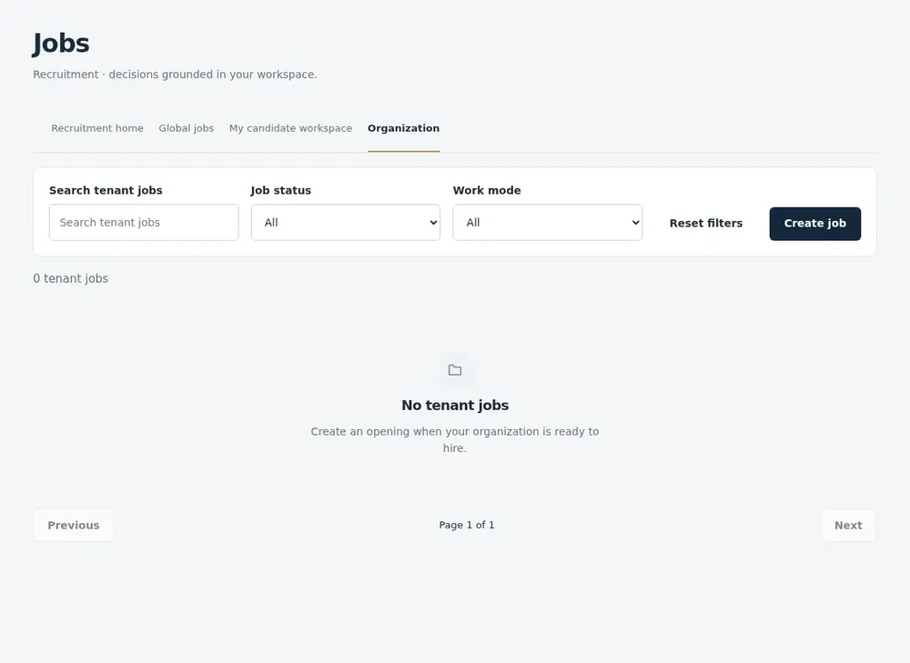 HROne Jobs recruitment screen with job search, job status and work mode filters, a Create job button, and an empty state reading No tenant jobs.