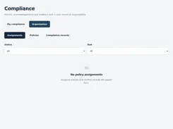 HROne Compliance screen with My compliance and Organization tabs, assignment filters for status and due date, and an empty state reading No policy assignments.