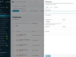 Humanvest HCM employee workspace and Add a person side panel. Official product screenshot with fictional Nile Home Textiles demo data.