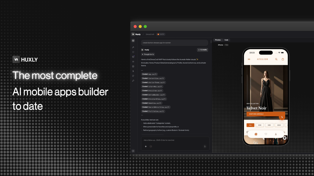 Huxly AI mobile app builder: editable code workspace with a live iPhone app preview.