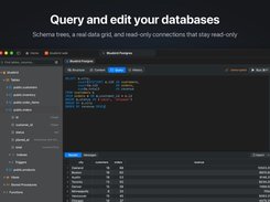 Promotional product image headed “Query and edit your databases,” containing a Hydra database query editor, schema tree, and results grid.