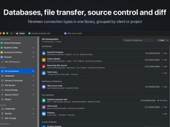 Promotional product image headed “Databases, file transfer, source control and diff,” containing Hydra’s All Connections screen with database, server, and file-server entries.