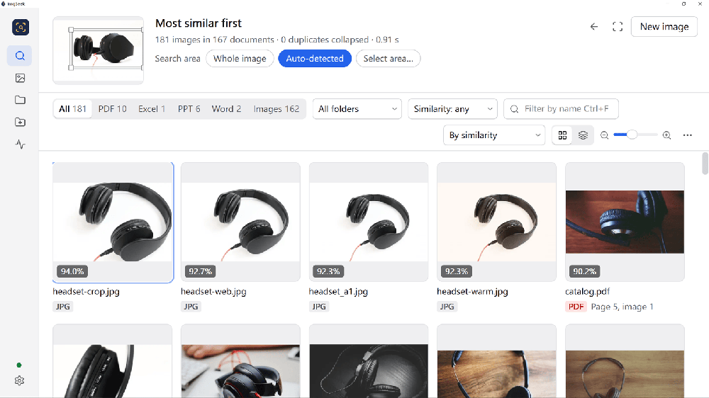 ImgSeek desktop interface showing visually similar headphone images in a grid, with similarity percentages, file names, file-type filters, and search-area controls.