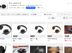 ImgSeek desktop interface showing visually similar headphone images in a grid, with similarity percentages, file names, file-type filters, and search-area controls.